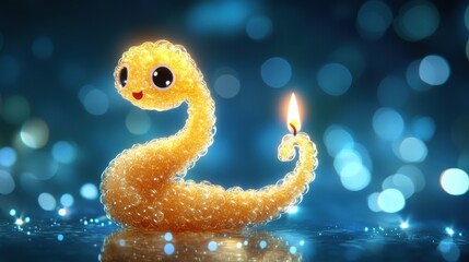 Fototapeta premium A cute, bubbly snake-shaped candle with a lit wick sits on a reflective surface. The bokeh background adds a magical touch.