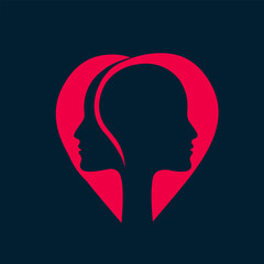 Heart logo. Love symbol and portraits. Couple care concept icon. Wedding celebration shape. Elegant, Valentine sign. Romance concept. Artistic, decorative style vector illustration.