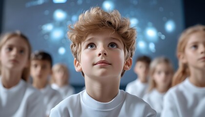 Fototapeta premium Explore the Future of Learning A Captivating Futuristic online education scene with a teacher conducting a class via a large holographic display, revolutionizing education Immerse yourself in