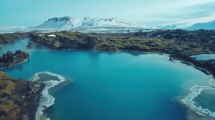 Obraz premium A breathtaking aerial view showcases a vivid blue lagoon nestled among lush greenery and snow-capped mountains.