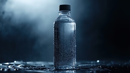 A chilled water bottle, covered in refreshing condensation, catches the light as it contrasts against a moody, deep-toned backdrop.