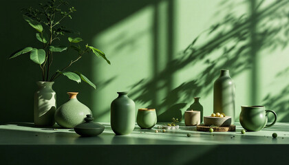 Minimalist green aesthetic with ceramic vases and natural shadows  
