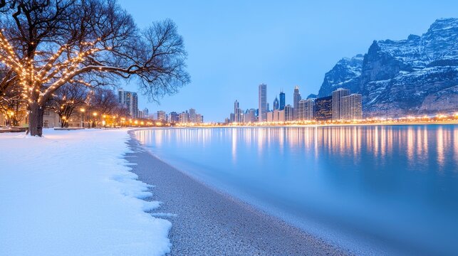 Snowy Chicago beach, city skyline at dusk