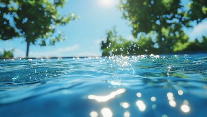 Fototapeta premium Tranquil Underwater Scene: Water's Surface with Trees and Sunshine
