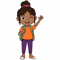 Girl with backpack waving and smiling at camera with her hand in the air, carrying backpack on her back, Ella Guru, Danube School, character design, portrait  generative AI
