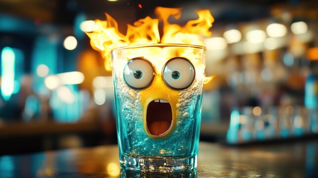 Flaming cocktail with a surprised face in a bar setting. The drink is blue and the face is yellow.
