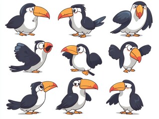Fototapeta premium Colorful cartoon toucans displaying playful poses and expressions in various playful stances