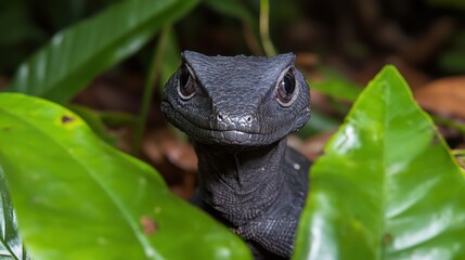 Obraz premium A small, dark-colored lizard peers from lush green foliage, its eyes wide and curious.