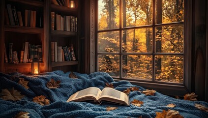Autumnal Reading Nook: Cozy Window Seat with Open Book, Bookshelves, and Fall Leaves