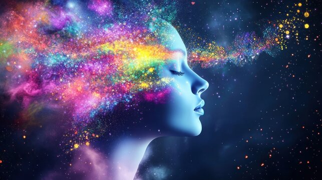 Fototapeta Cosmic Consciousness: A Woman's Mind Explodes with vibrant colors of the Universe