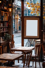 Vintage-style cafe with inviting atmosphere and soft autumn light, showcasing rustic design and cozy textures