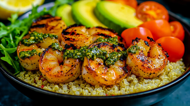 A plate of grilled shrimp with avocado and tomatoes on a bed of quinoa