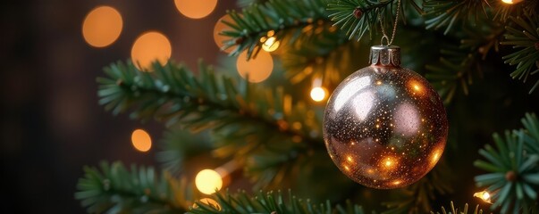A shining metallic orb suspended from a branch of a Christmas tree, lights, decorations