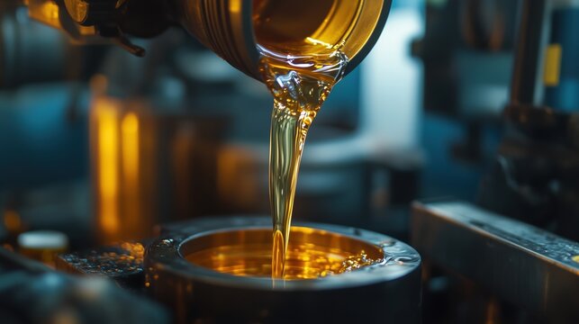 A smooth stream of synthetic lubricating oil flows into an oil reservoir, ensuring optimal performance in a splash lubrication system.