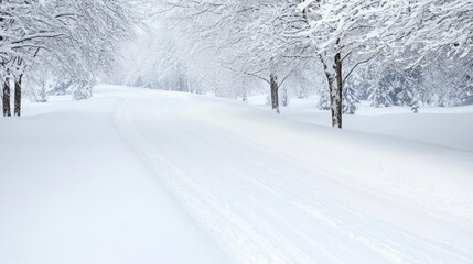 Fototapeta premium Snowy path through winter trees, peaceful landscape, ideal for winter themed designs