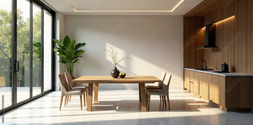 Wall mural Modern minimalist dining area, sleek lines & natural light, art, style