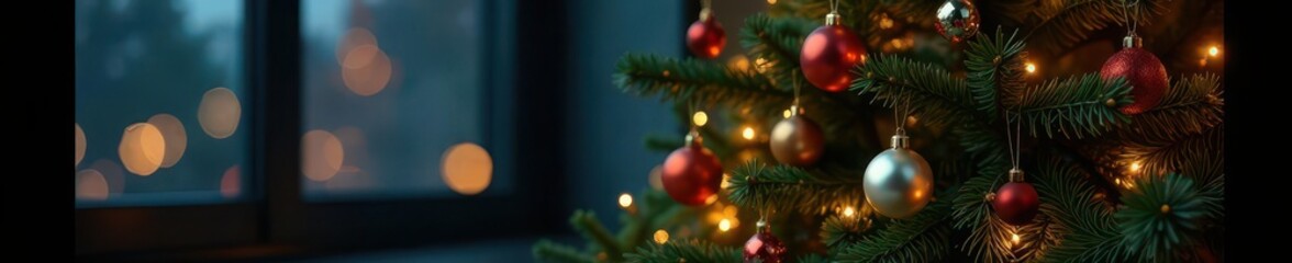 Christmas tree adorned with ornaments and lights, garland, festive, garlands