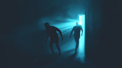 A close call as a thief narrowly avoids being caught by a guard, glowing flashlight beams sweeping the area, cinematic tension. Light and Shadow Beings. Illustration