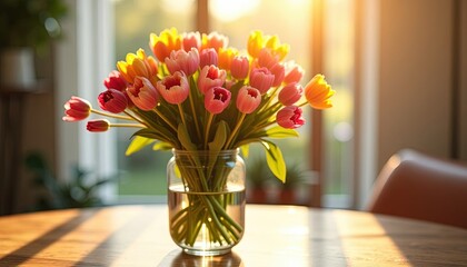 Bright tulip bouquet in a glass vase sits on a wooden table with sunlight streaming through a window in a cozy indoor setting
