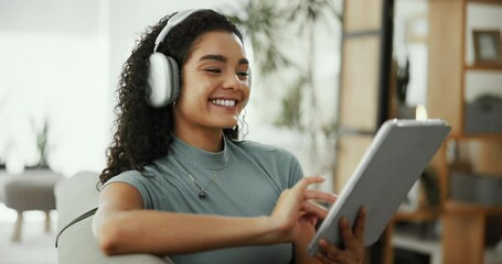 Laughing, headphones and woman with tablet, home and listening to sound with tech and subscription. Online, entertainment and person with app for movies, browsing or relax on break with social media