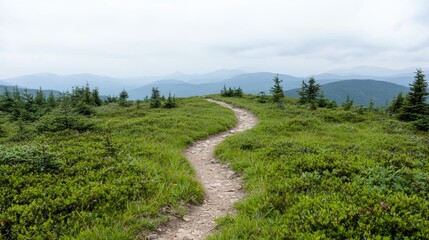 Winding mountain trail, green hills, foggy peaks, hiking path, nature scene