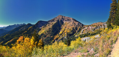 Box Elder Peak view looking up from hiking trail, American Fork Canyon. Wasatch Range Rocky...