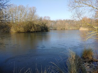 Frozen pond, sturmer village, Golden hour, beautiful morning, landscape, Frosty morning, Frost, frozen grass, uk, winter, suffolk, january 2025, haverhill, park, walk, nature