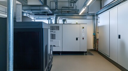 Modern industrial equipment in a clean, organized facility with pipes and electrical systems visible
