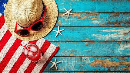 Summer Vacation Essentials Patriotic Beach Scene on Rustic Wood