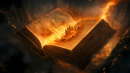 An open bible with pages glowing, showing an ancient city being built on its pages. the scene is set in the middle of darkness and light mixed together. Light and Shadow Beings. Illustration