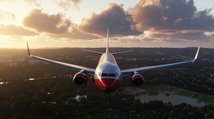 Airplane landing, city sunset, residential area, travel