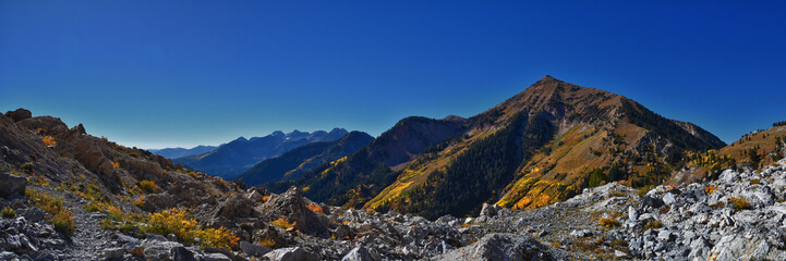 Box Elder Peak view looking up from hiking trail, American Fork Canyon. Wasatch Range Rocky Mountains, Utah, United States.
