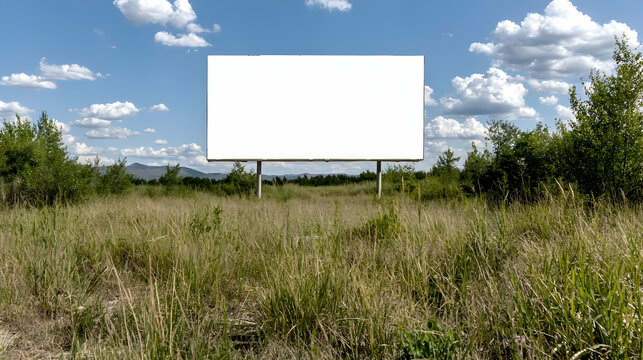 Blank billboard in rural field, sunny day, mountains background, advertising mockup