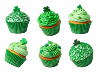 Green-themed cupcakes decorated with shamrocks and sprinkles, celebrating St Patrick's Day