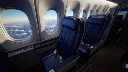 Airplane cabin seats, cloudscape view, sunrise, travel