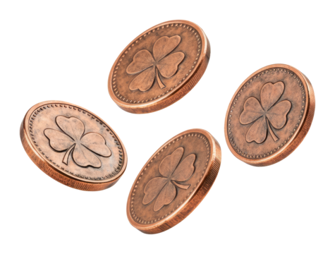 Four copper coins with engraved four-leaf clovers, symbolizing luck and fortune - Powered by Adobe