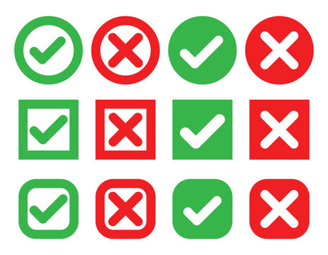 Big collection on tick and cross icon, Green tick, red cross, rigth and wrong, yes and no, Red X icon, icon set, 