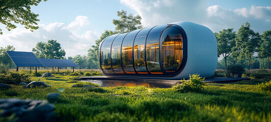 Obraz premium Modern eco-friendly cabin surrounded by nature with solar panels and lush greenery in bright daylight