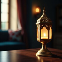 Ornate golden Ramadan lamp, Islamic misbaha Subtle lighting , texture, artwork