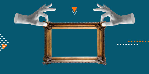 Two hands holding an empty wooden gilded antique blank frame. Minimalist art collage