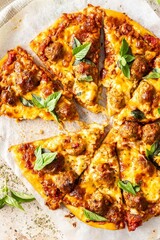 Italian food Freshly Baked Pizza, A Perfect Fusion of Juicy Meatballs, Melted Cheese, and Crispy Crust for the Ultimate Flavor Explosion!