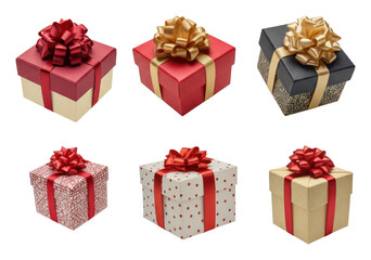 Fototapeta premium Six decorated gift boxes with bows in various colors and patterns