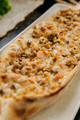 Turkish pide with diced chicken, cheese, and vegetables on plate in traditional gourmet presentation