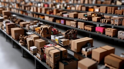 Warehouse inventory, stacked cardboard boxes, logistics, distribution center