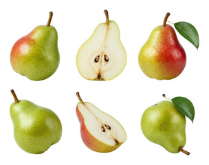 Collection of fresh pears, whole and sliced, showcasing different views fruit