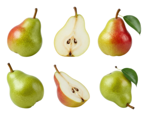 Collection of fresh pears, whole and sliced, showcasing different views fruit
