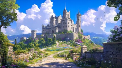 A majestic ancient castle surrounded by lush gardens and blue skies, evoking a sense of history and wonder.