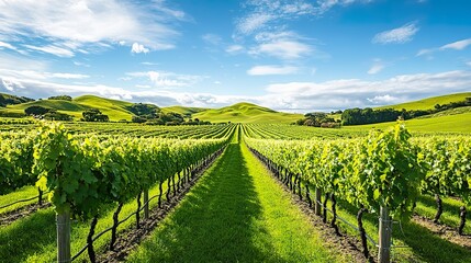 Naklejka premium A picturesque vineyard with rows of grapevines, lush hills in the background, and a bright blue sky overhead.