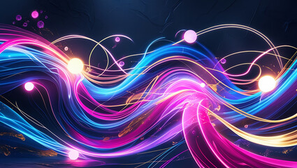 A stunning abstract design featuring vibrant, flowing energy waves in electric blue, neon pink, and golden hues