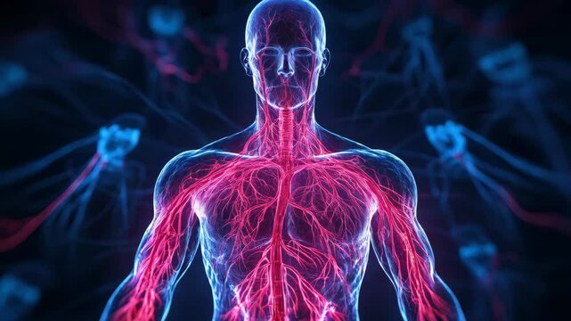 Medical x-ray showing human circulatory system on schematic body with blood moving from large veins to small capillaries, on dark blue background. Concept of cardiovascular circulation and blood flow